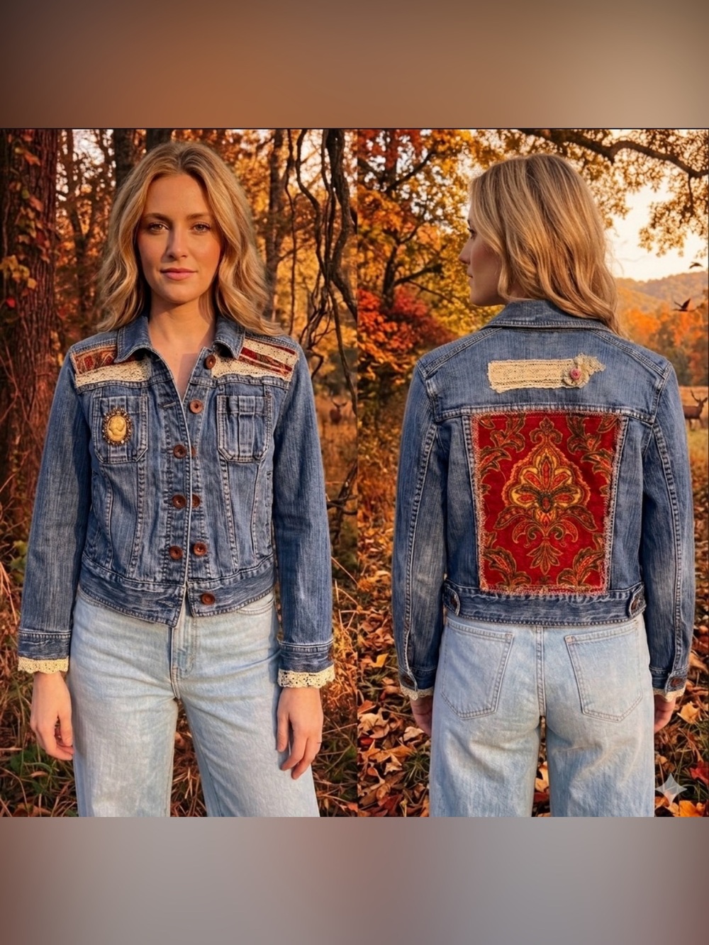 Handcrafted EXPRESS Denim Jacket “Romantic Broach Lace Desert Rose”